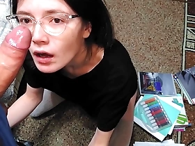 this nerdy girl with glasses is doing her homework today on a passionate sloppy deep blowjob