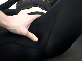 brunette in black yoga leggings turned on a guy with a huge cock, jerks off and cums on leggings